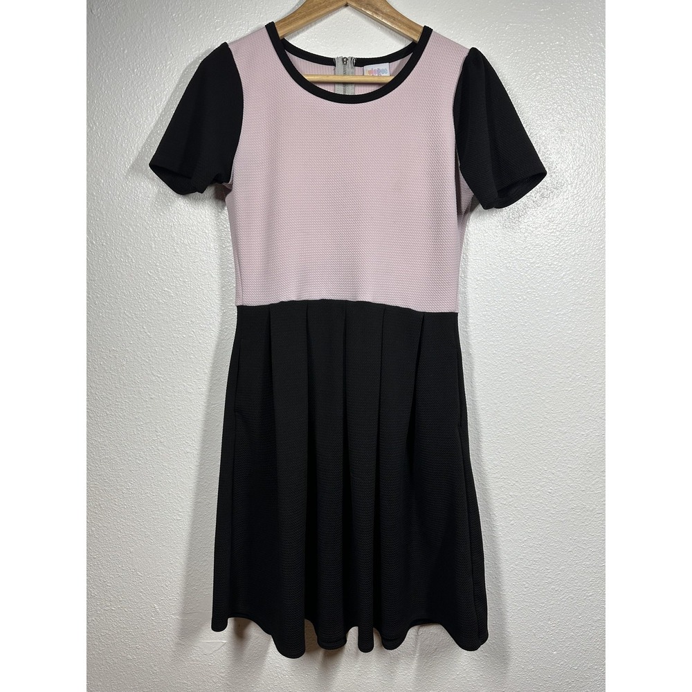 LuLaRoe Dress Womens Medium Fit Flare Short Sleeve Stretch Pleated Zip Back